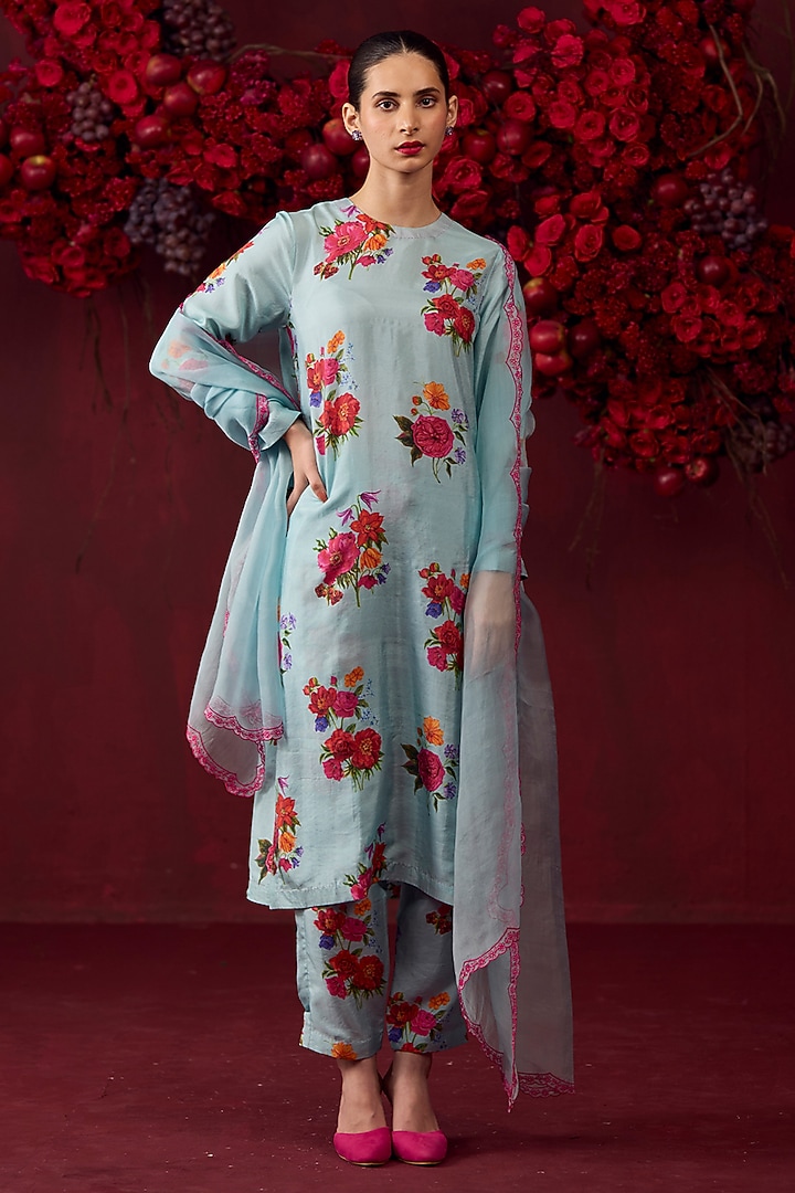 Ice Blue Handwoven Mulberry Silk Floral Motif Printed Kurta Set by Surmaye at Pernia's Pop Up Shop