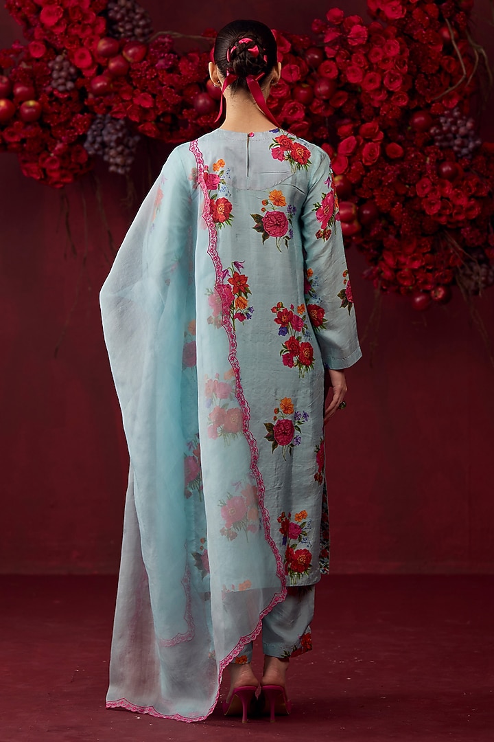 Ice Blue Handwoven Mulberry Silk Floral Motif Printed Kurta Set by Surmaye at Pernia's Pop Up Shop