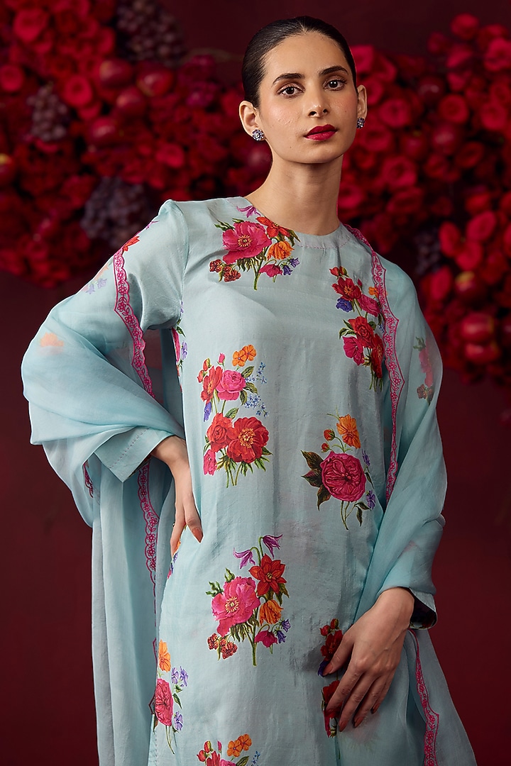 Ice Blue Handwoven Mulberry Silk Floral Motif Printed Kurta Set by Surmaye at Pernia's Pop Up Shop