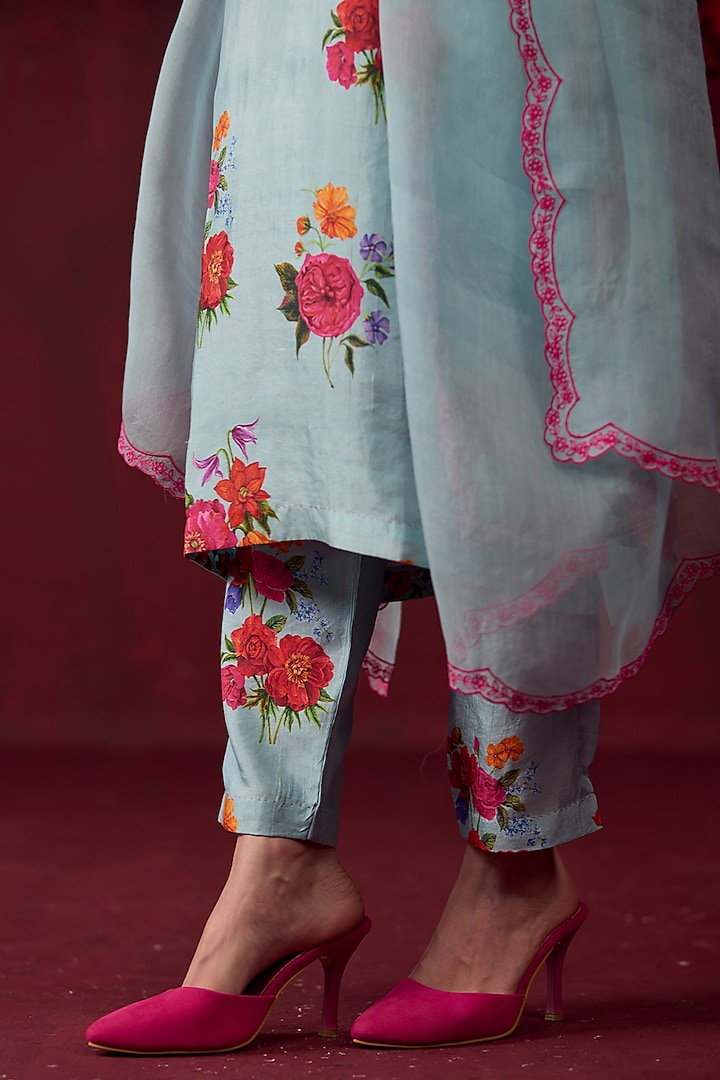 Ice Blue Handwoven Mulberry Silk Floral Motif Printed Kurta Set by Surmaye at Pernia's Pop Up Shop