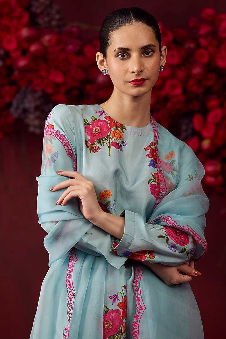 Ice Blue Handwoven Mulberry Silk Floral Motif Printed Kurta Set by Surmaye at Pernia's Pop Up Shop