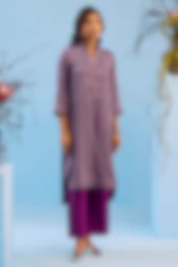 Violet Handwoven Mulberry Silk Satin Striped Kurta Set by Surmaye at Pernia's Pop Up Shop
