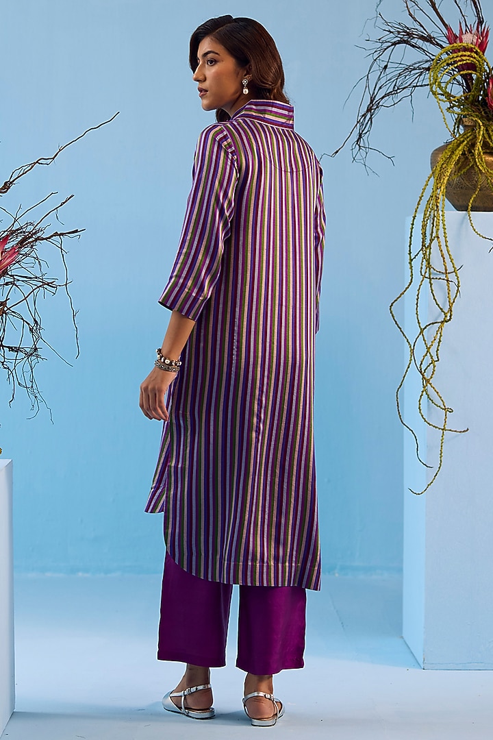 Violet Handwoven Mulberry Silk Satin Striped Kurta Set by Surmaye at Pernia's Pop Up Shop