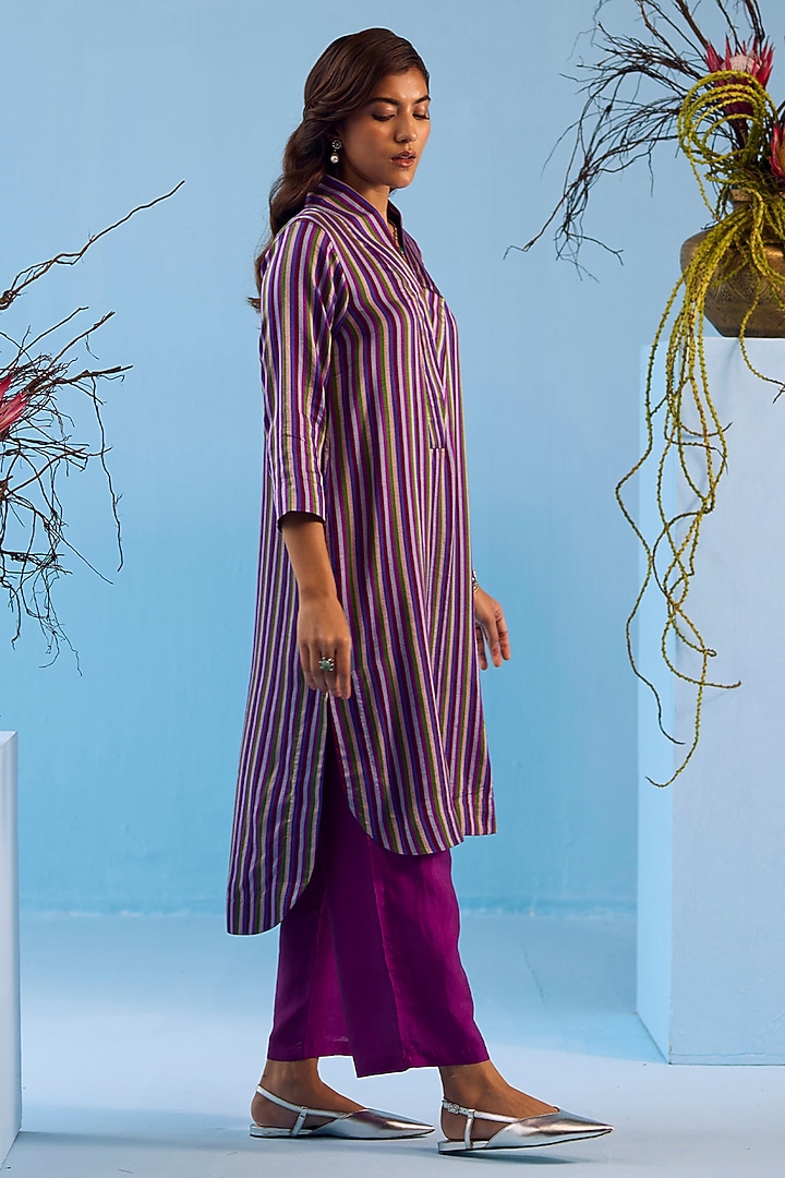 Violet Handwoven Mulberry Silk Satin Striped Kurta Set by Surmaye at Pernia's Pop Up Shop