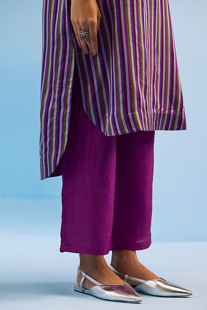Violet Handwoven Mulberry Silk Satin Striped Kurta Set by Surmaye at Pernia's Pop Up Shop