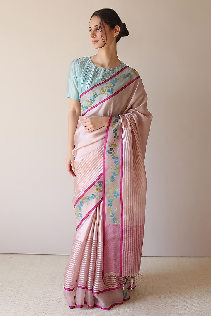 Pink Handwoven Organza Mulberry Silk Wedding Saree by Surmaye  at Pernia's Pop Up Shop