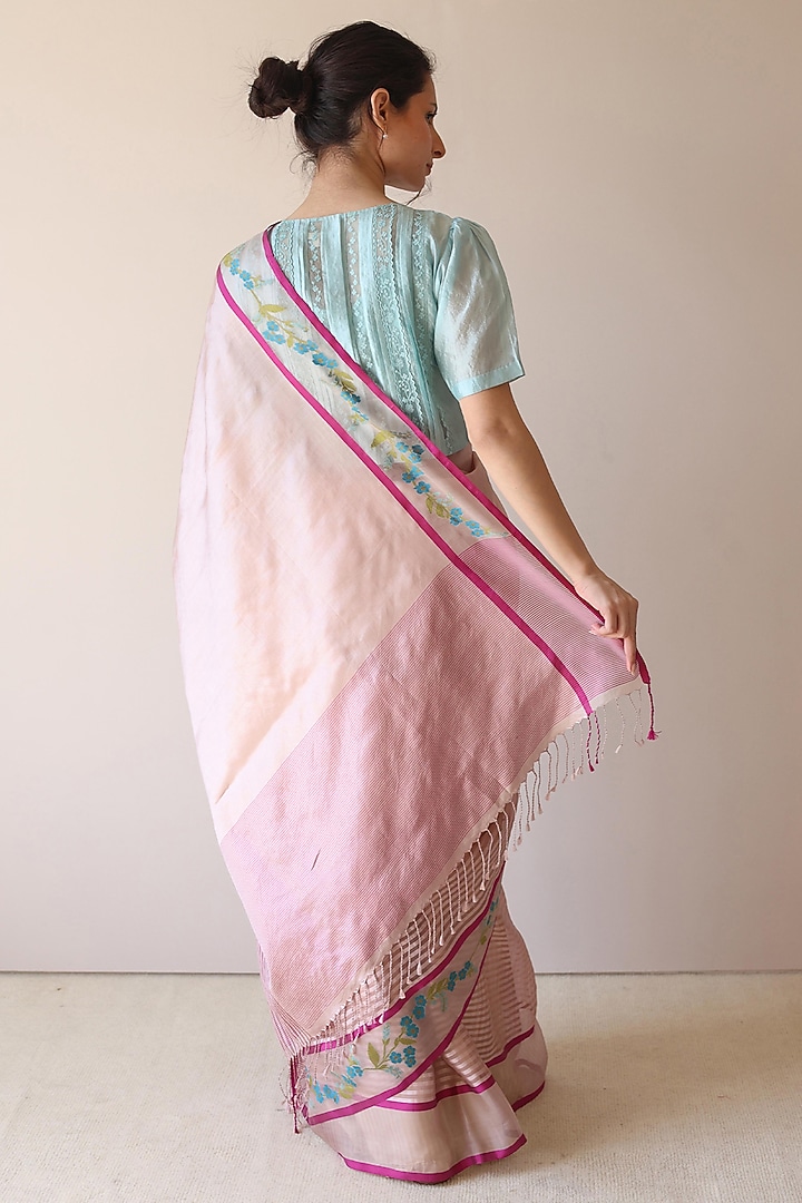 Pink Handwoven Organza Mulberry Silk Wedding Saree by Surmaye at Pernia's Pop Up Shop