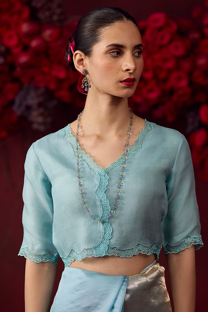 Ice Blue Handwoven Organza Silk Floral Embroidered Blouse by Surmaye at Pernia's Pop Up Shop