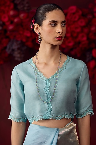 Ice Blue Handwoven Organza Silk Floral Embroidered Blouse by Surmaye