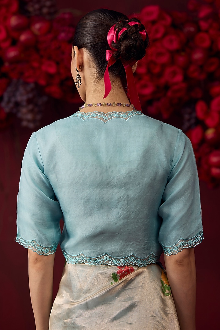 Ice Blue Handwoven Organza Silk Floral Embroidered Blouse by Surmaye at Pernia's Pop Up Shop