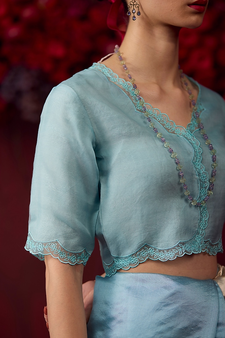 Ice Blue Handwoven Organza Silk Floral Embroidered Blouse by Surmaye at Pernia's Pop Up Shop