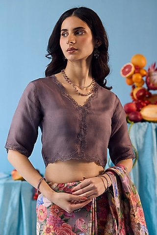 Slate Grey Handwoven Organza Silk Floral Embroidered Blouse by Surmaye