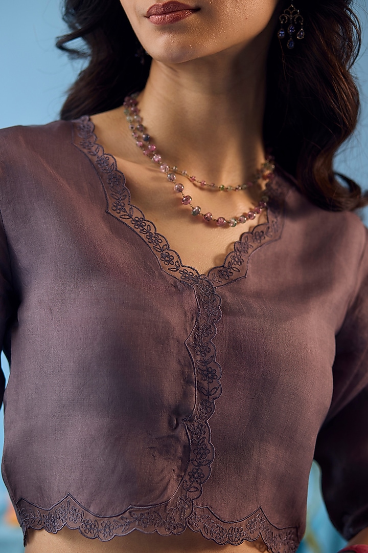 Slate Grey Handwoven Organza Silk Floral Embroidered Blouse by Surmaye at Pernia's Pop Up Shop