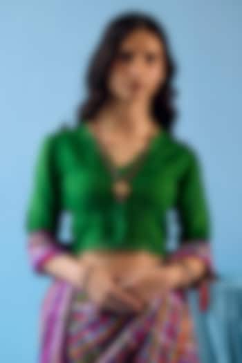 Emerald Green Handwoven Organza Silk Floral Embroidered Blouse by Surmaye at Pernia's Pop Up Shop