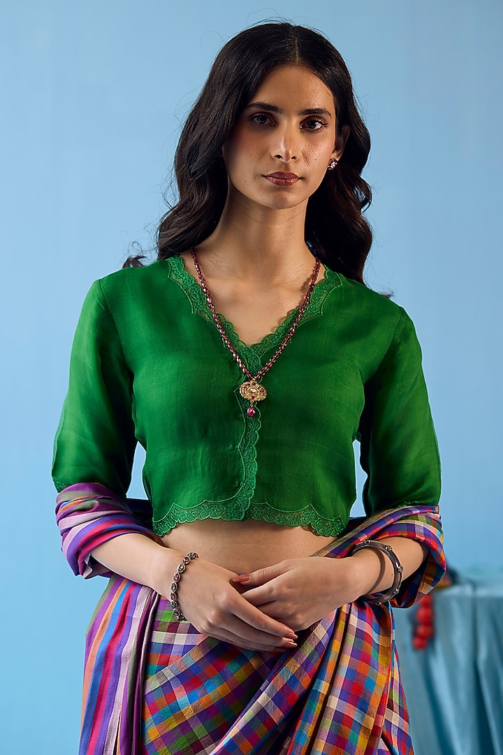 Emerald Green Handwoven Organza Silk Floral Embroidered Blouse by Surmaye at Pernia's Pop Up Shop