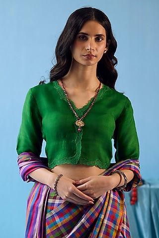 Emerald Green Handwoven Organza Silk Floral Embroidered Blouse by Surmaye