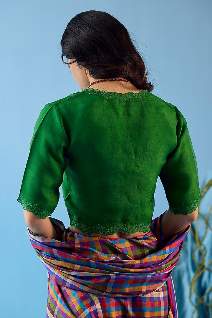 Emerald Green Handwoven Organza Silk Floral Embroidered Blouse by Surmaye at Pernia's Pop Up Shop