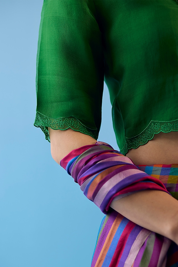 Emerald Green Handwoven Organza Silk Floral Embroidered Blouse by Surmaye at Pernia's Pop Up Shop