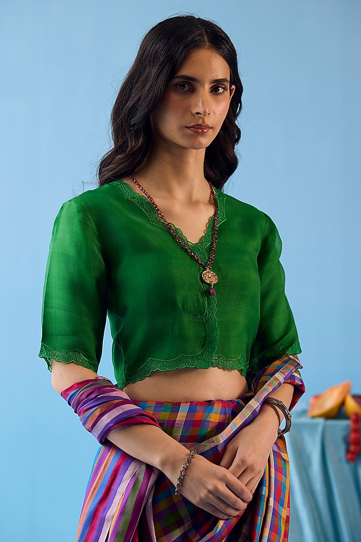 Emerald Green Handwoven Organza Silk Floral Embroidered Blouse by Surmaye at Pernia's Pop Up Shop