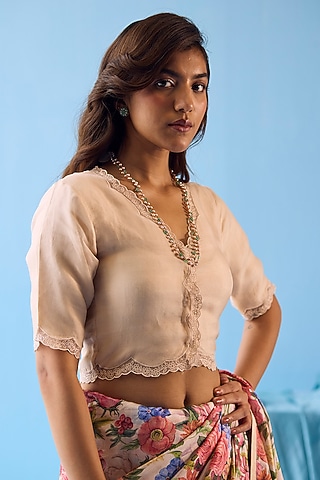 Beige Handwoven Organza Silk Floral Embroidered Blouse by Surmaye