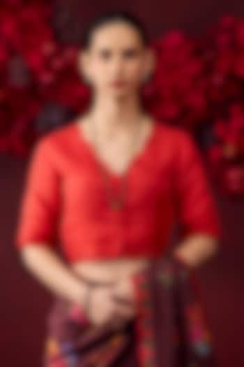 Scarlet Red Handwoven Organza Silk Floral Embroidered Blouse by Surmaye at Pernia's Pop Up Shop