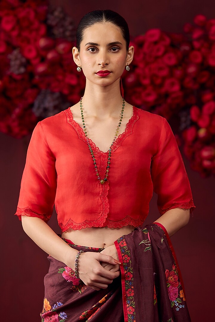 Scarlet Red Handwoven Organza Silk Floral Embroidered Blouse by Surmaye at Pernia's Pop Up Shop