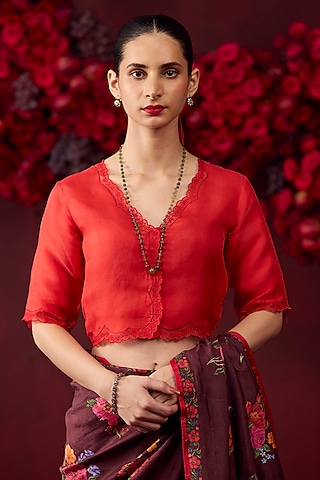 Scarlet Red Handwoven Organza Silk Floral Embroidered Blouse by Surmaye