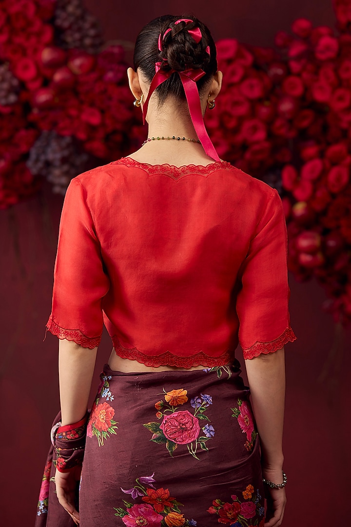 Scarlet Red Handwoven Organza Silk Floral Embroidered Blouse by Surmaye at Pernia's Pop Up Shop