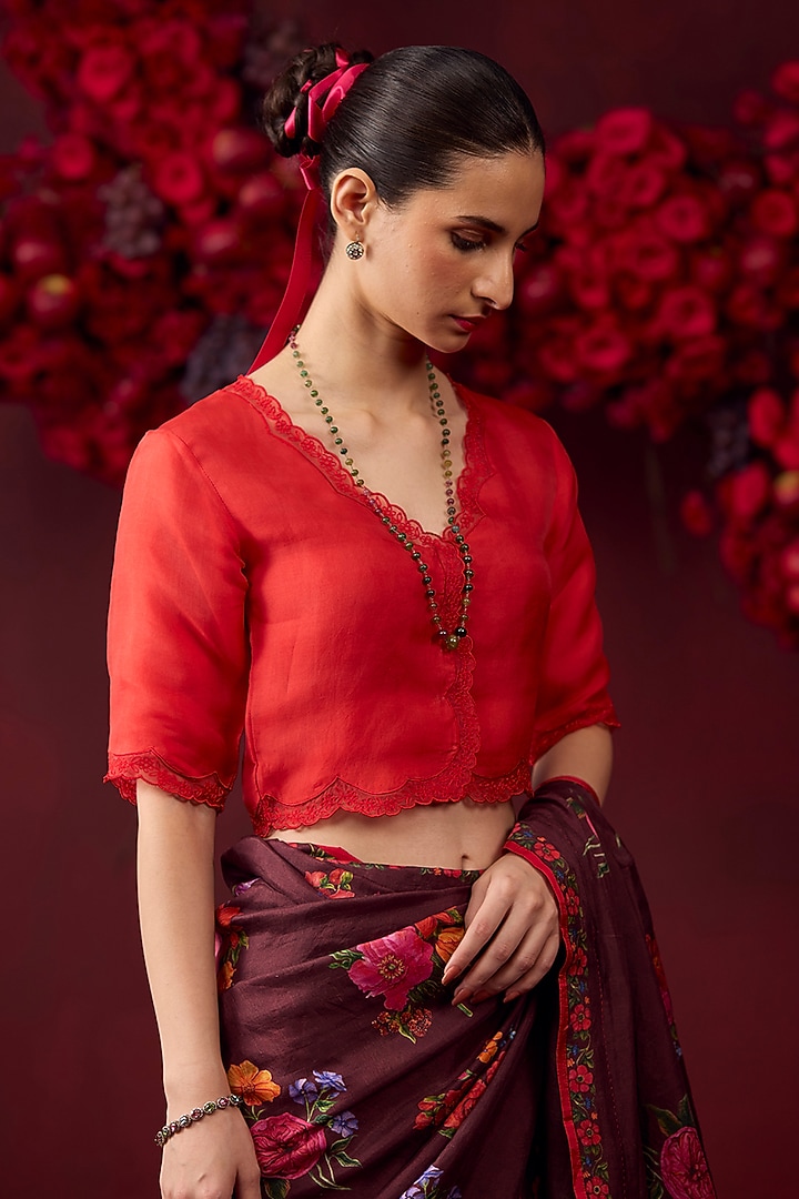 Scarlet Red Handwoven Organza Silk Floral Embroidered Blouse by Surmaye at Pernia's Pop Up Shop