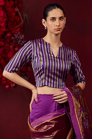 Violet Handwoven Silk Satin Striped Blouse by Surmaye