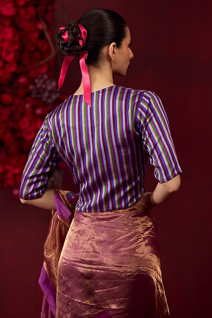 Violet Handwoven Silk Satin Striped Blouse by Surmaye at Pernia's Pop Up Shop