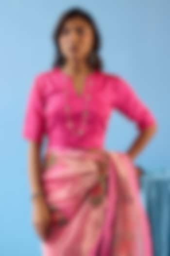 Fuchsia Pink Handwoven Silk Satin Striped Blouse by Surmaye at Pernia's Pop Up Shop