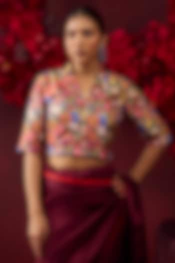 Grey Handwoven Mulberry Silk Floral Printed Blouse by Surmaye at Pernia's Pop Up Shop