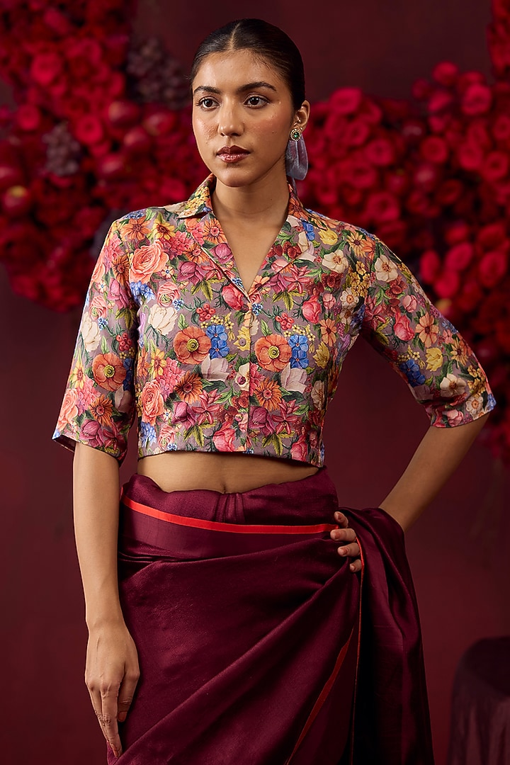 Grey Handwoven Mulberry Silk Floral Printed Blouse by Surmaye at Pernia's Pop Up Shop