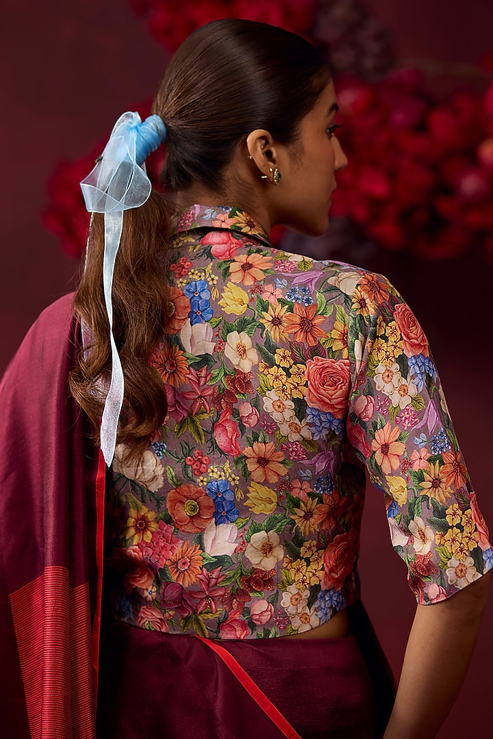 Grey Handwoven Mulberry Silk Floral Printed Blouse by Surmaye at Pernia's Pop Up Shop