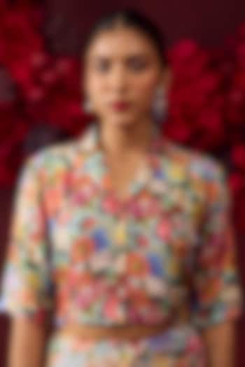 Ice Blue Handwoven Mulberry Silk Floral Printed Blouse by Surmaye at Pernia's Pop Up Shop