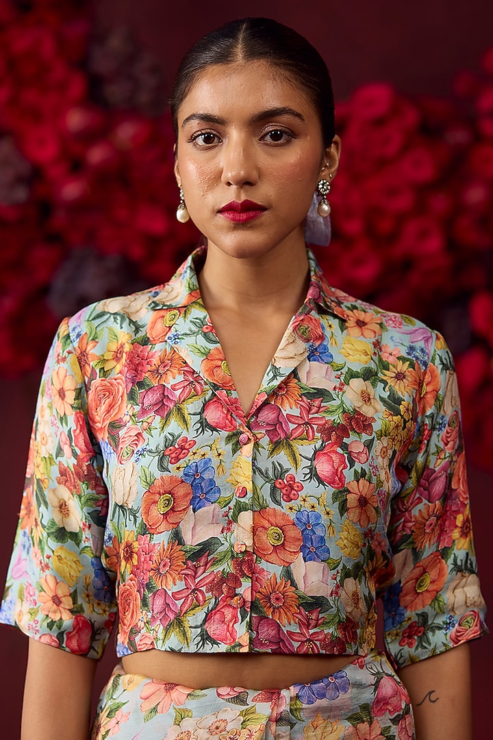 Ice Blue Handwoven Mulberry Silk Floral Printed Blouse by Surmaye at Pernia's Pop Up Shop