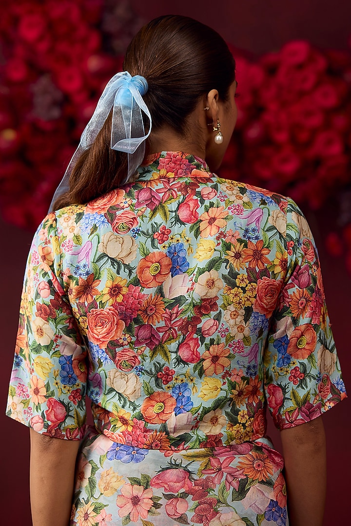 Ice Blue Handwoven Mulberry Silk Floral Printed Blouse by Surmaye at Pernia's Pop Up Shop