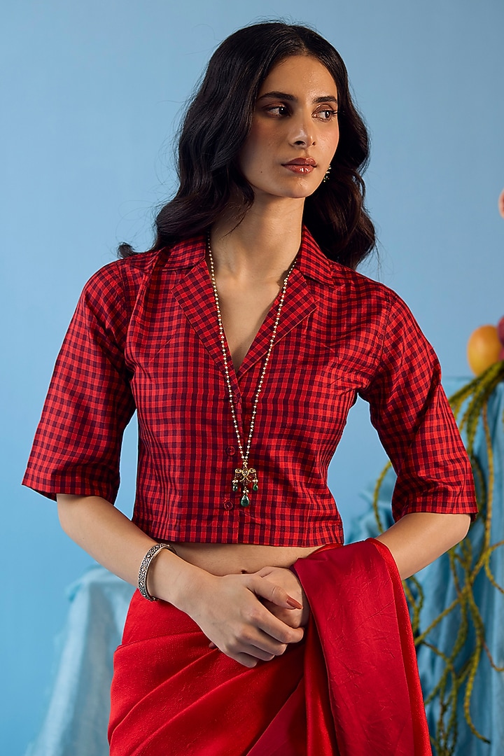 Scarlet Red Handwoven Mulberry Silk Checkered Blouse by Surmaye at Pernia's Pop Up Shop
