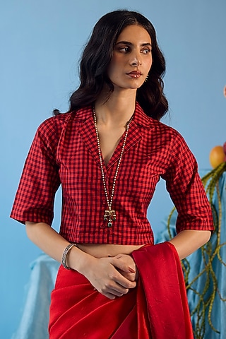 Scarlet Red Handwoven Mulberry Silk Checkered Blouse by Surmaye