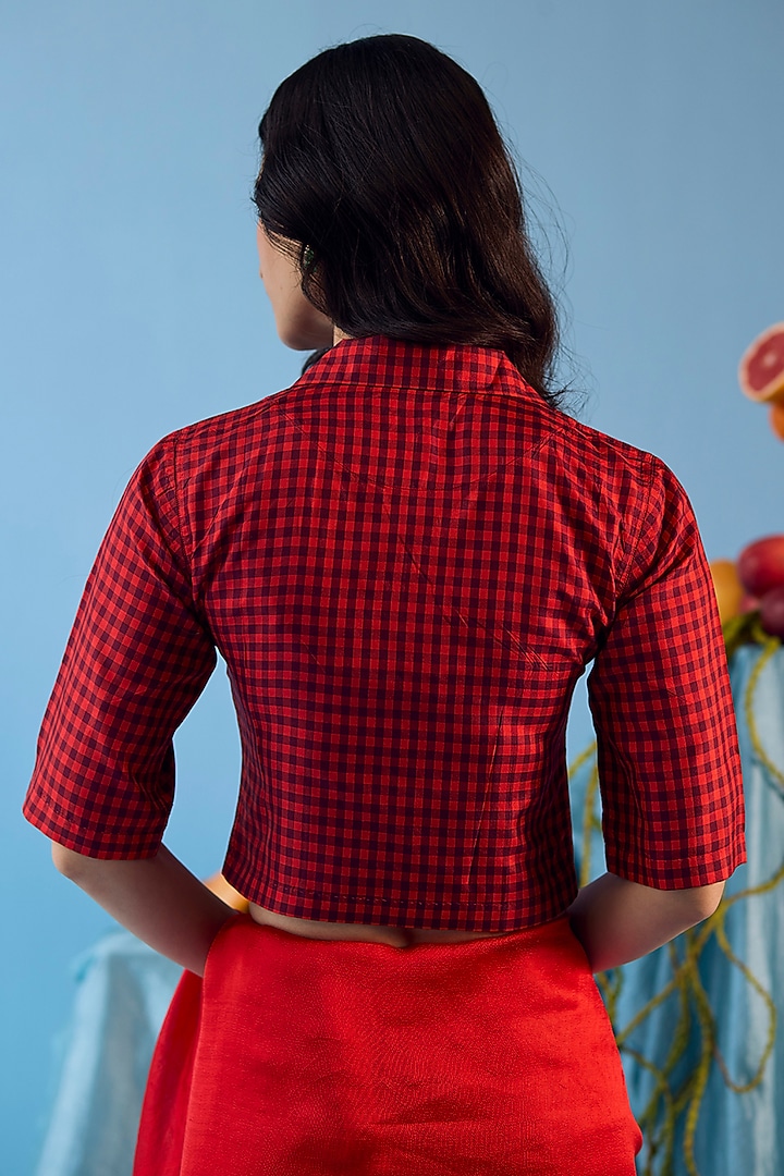 Scarlet Red Handwoven Mulberry Silk Checkered Blouse by Surmaye at Pernia's Pop Up Shop