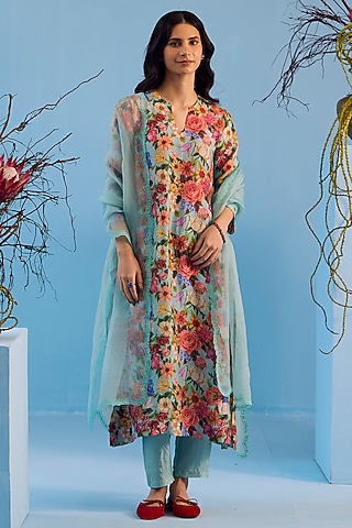 Ice Blue Handwoven Organza Silk Floral Cutwork Dupatta by Surmaye