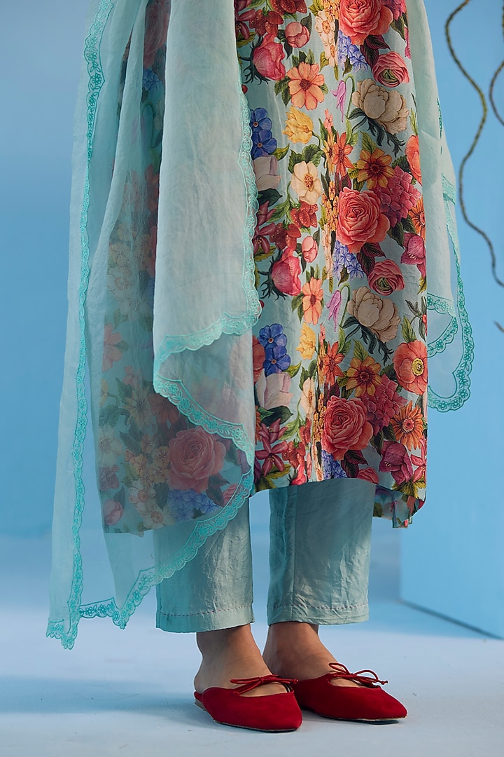 Ice Blue Handwoven Organza Silk Floral Cutwork Dupatta by Surmaye at Pernia's Pop Up Shop