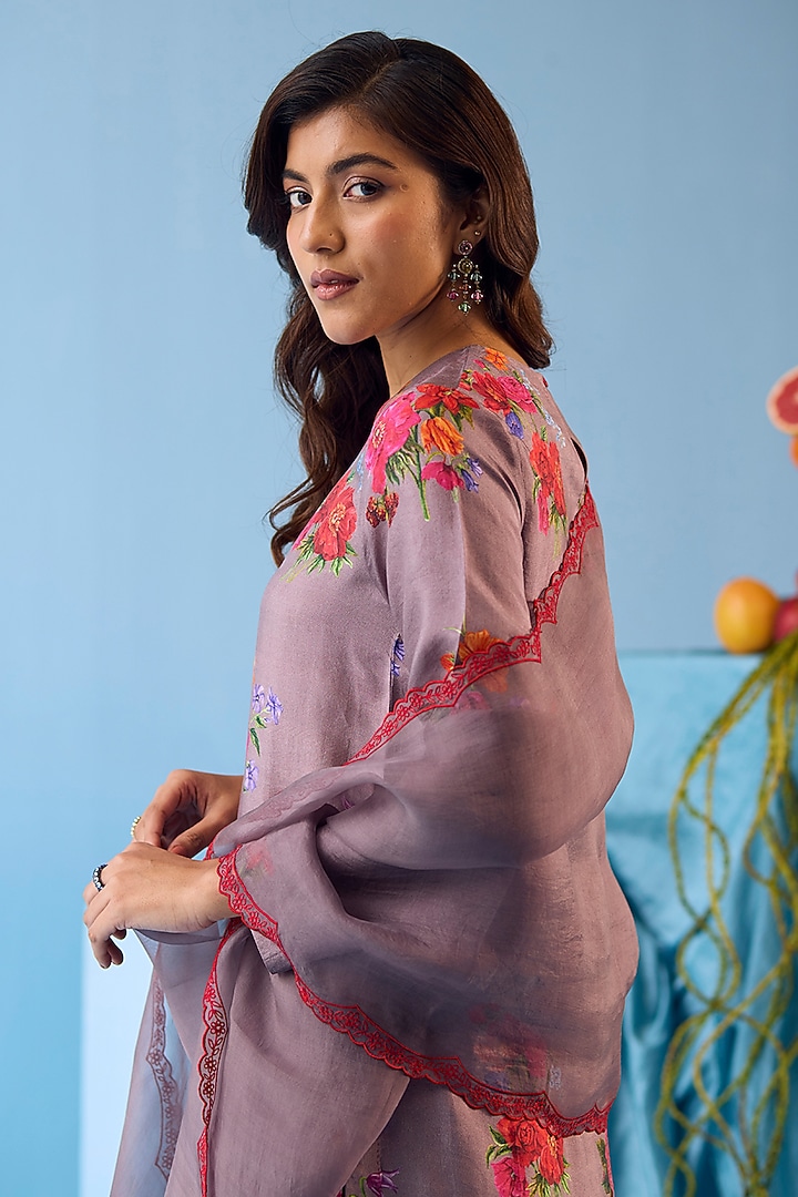 Slate Grey Handwoven Organza Silk Floral Cutwork Dupatta by Surmaye at Pernia's Pop Up Shop