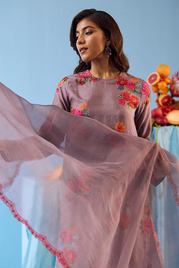 Slate Grey Handwoven Organza Silk Floral Cutwork Dupatta by Surmaye at Pernia's Pop Up Shop