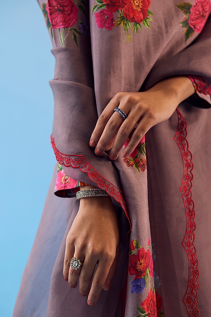 Slate Grey Handwoven Organza Silk Floral Cutwork Dupatta by Surmaye at Pernia's Pop Up Shop