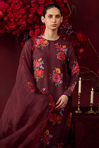 Burgundy Handwoven Organza Silk Floral Cutwork Dupatta by Surmaye