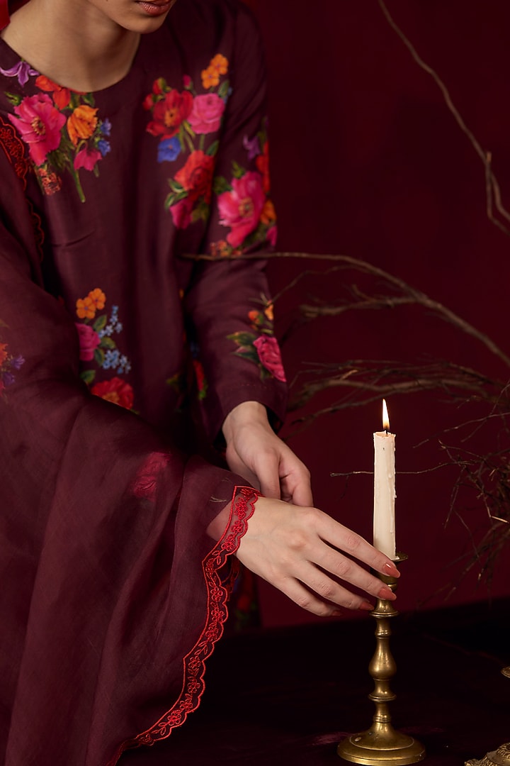 Burgundy Handwoven Organza Silk Floral Cutwork Dupatta by Surmaye at Pernia's Pop Up Shop