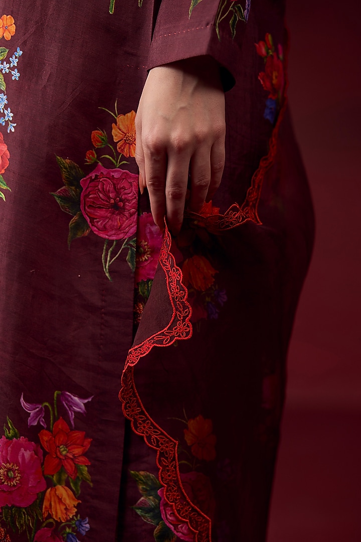 Burgundy Handwoven Organza Silk Floral Cutwork Dupatta by Surmaye at Pernia's Pop Up Shop