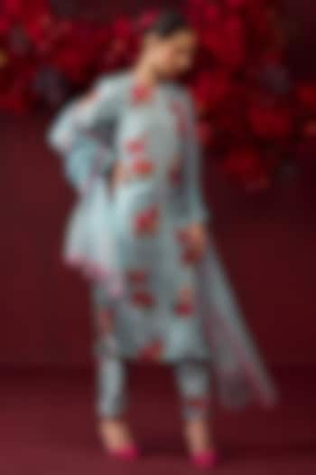 Ice Blue & Pink Handwoven Organza Silk Floral Cutwork Dupatta by Surmaye at Pernia's Pop Up Shop